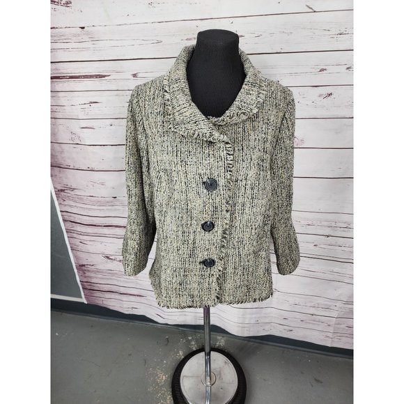 Madison Woman Gray Black Tweed Size 16 W Fringed Hem Button Up Short Blazer - Picture 8 of 8